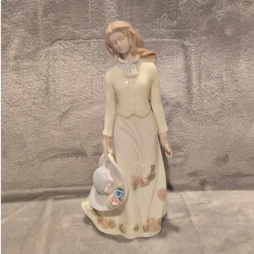 Vintage Porcelain Lady Figurine Victorian Woman with Sun Hat Cream Pastel 8in